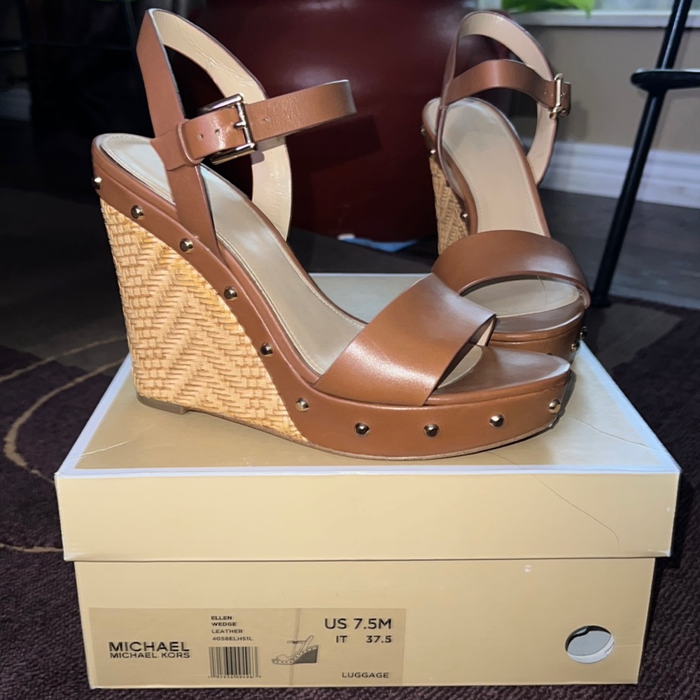 Michael Kors Leather Ellen Wedge in color Luggage